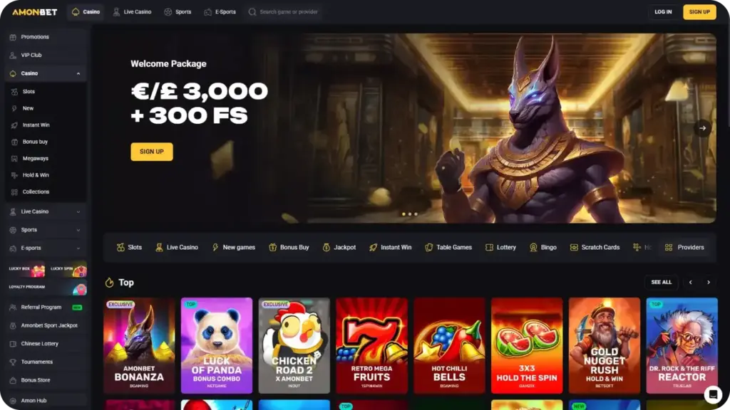 AmonBet casino homepage showing casino, live casino, sports, bonus banner, and payment logos