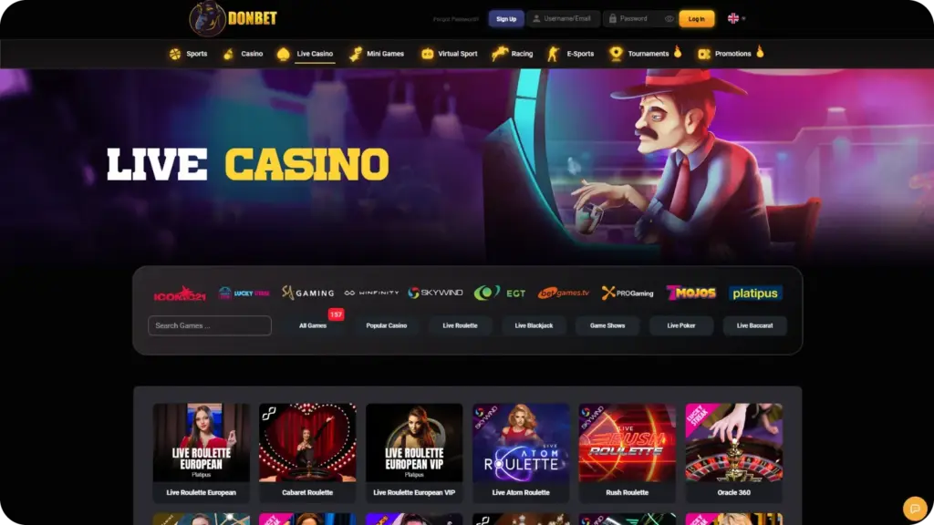 Donbet Casino homepage showing casino lobby, sports betting menu, and bonus banners for UK players