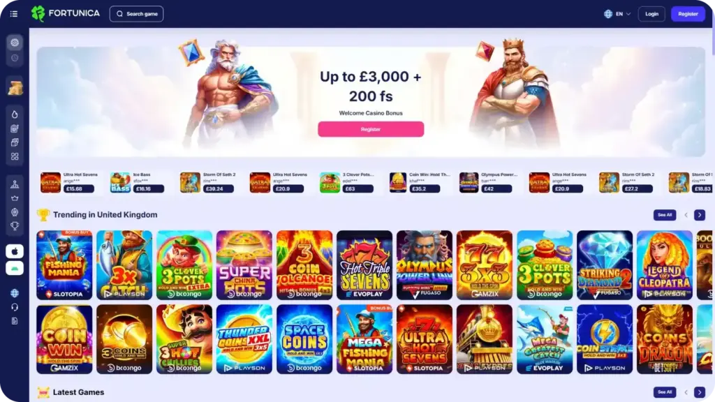 Fortunica Casino official homepage showing the main lobby
