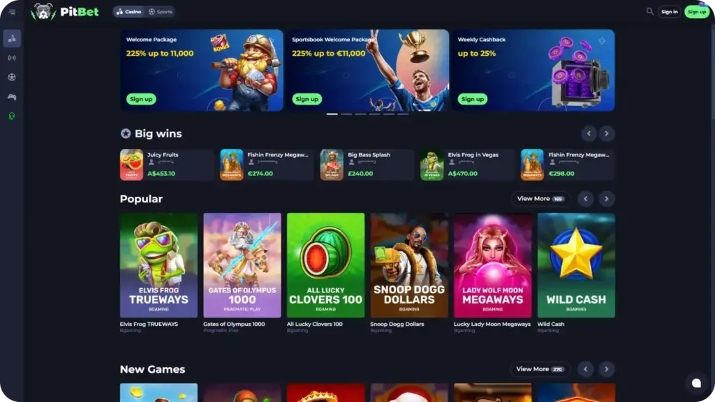 PitBet Casino homepage showing casino and sportsbook interface for UK players