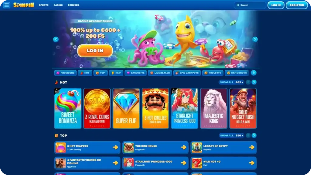 SpinFin Casino official homepage showing the main lobby, featured games, and account menu for UK players