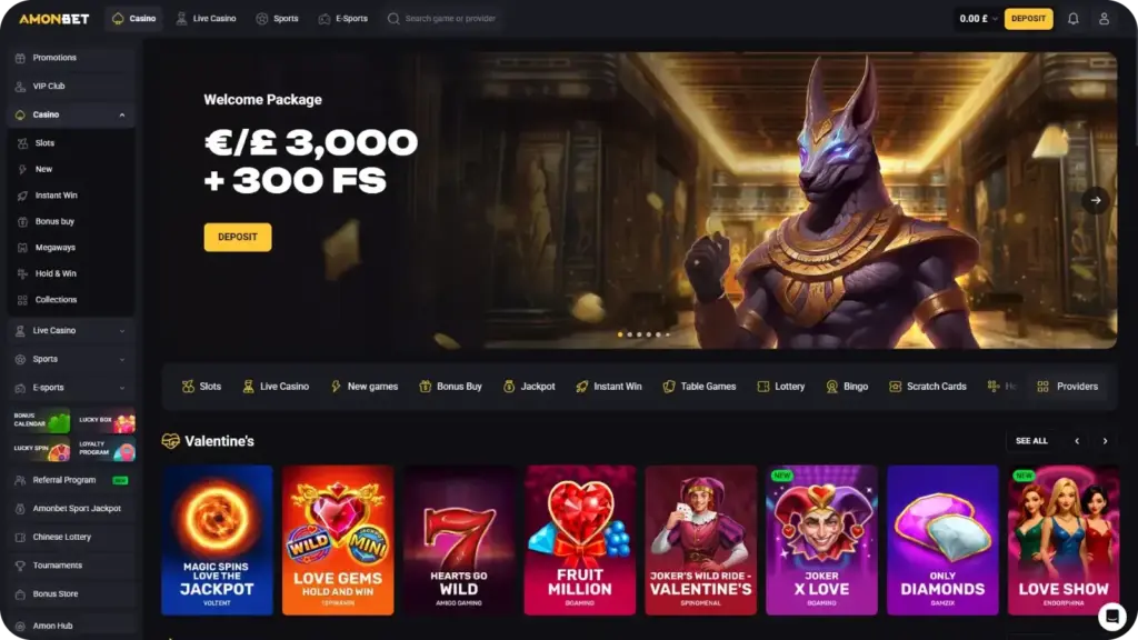 Amonbet casino interface showing lobby layout and payment options for UK players