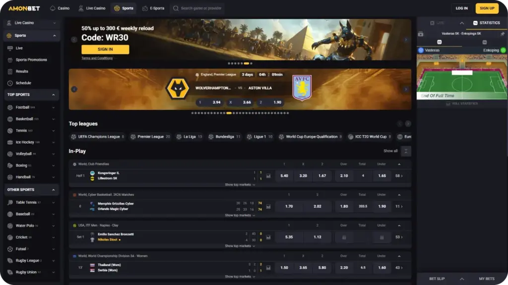AmonBet sportsbook menu showing football, basketball, tennis, ice hockey etc.
