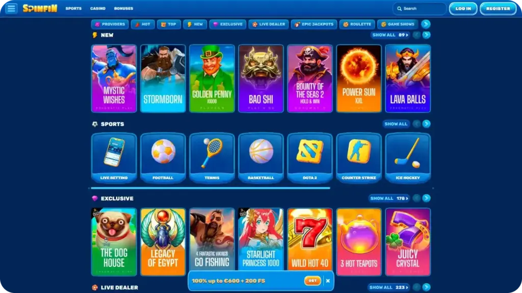 SpinFin Casino sports betting section showing multiple sports markets and live odds for UK players