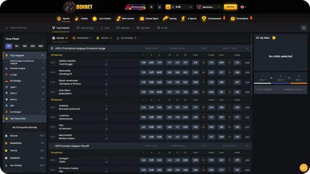 Donbet sports betting page showing multiple betting markets and live odds for UK players