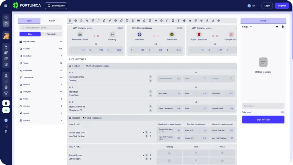 Fortunica sportsbook section showing football, basketball and tennis betting markets.