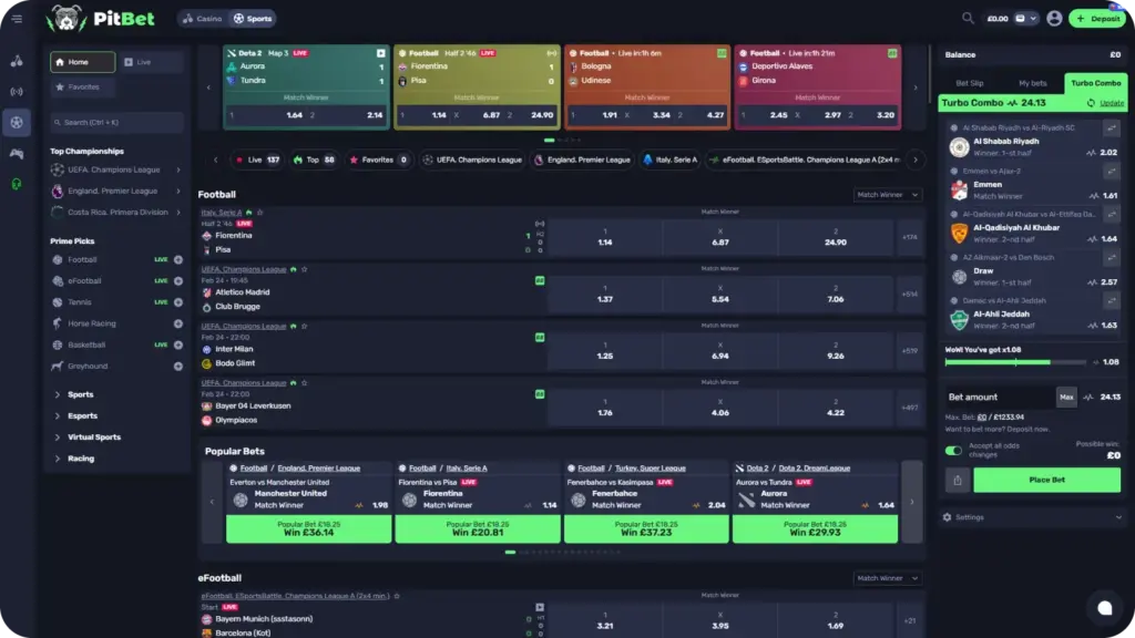 PitBet sports betting lobby showing multiple sports categories and market tiles