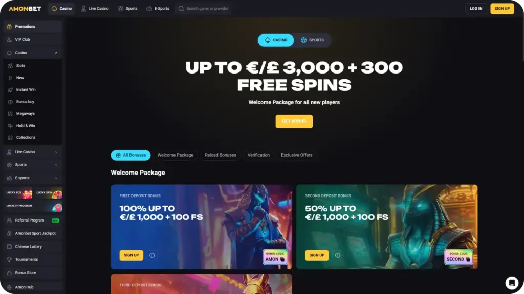 Amonbet bonuses page displaying casino welcome bonus, sports bonus, and VIP