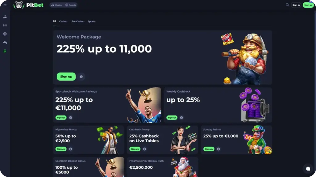 PitBet Casino bonus offers including welcome package sportsbook bonus and weekly cashback for UK players