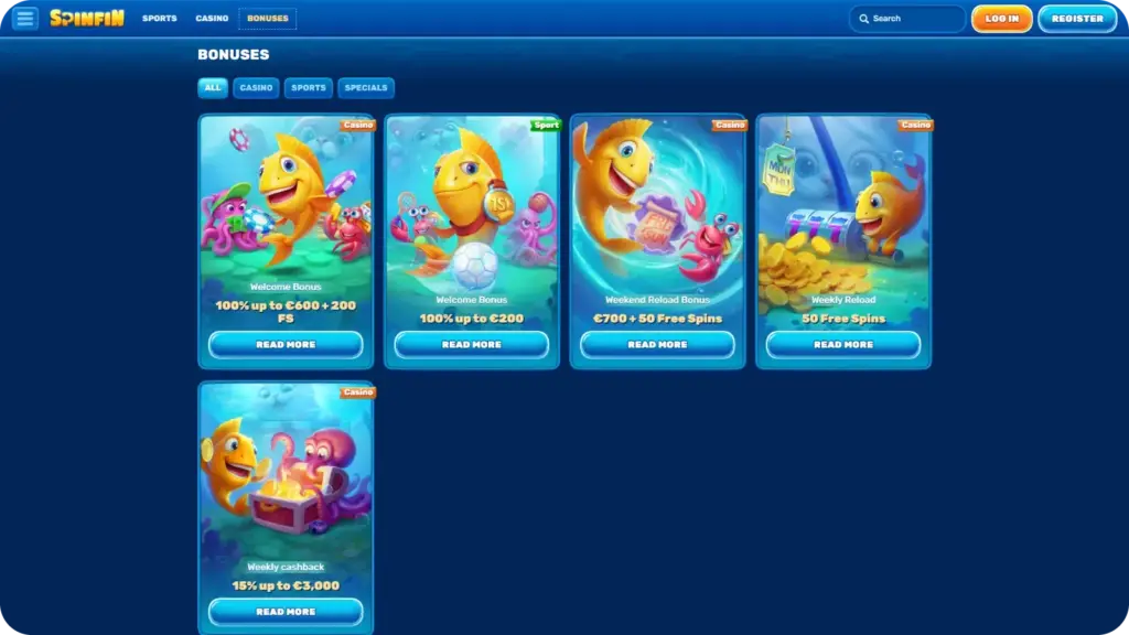 SPinfin Casino bonuses page displaying casino welcome bonus, sports bonus, and VIP