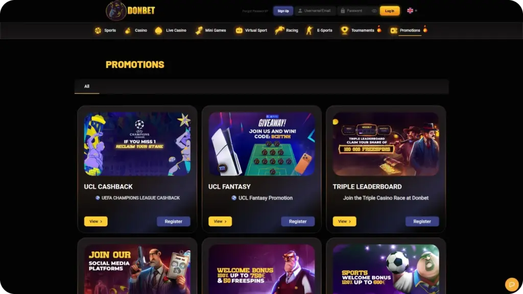 Donbet Casino bonuses page displaying casino welcome bonus, sports bonus, and VIP Mafia Room for UK players