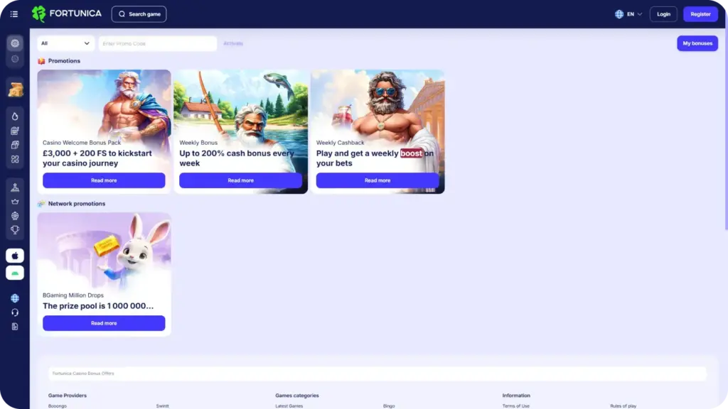 Fortunica Casino bonuses page displaying casino welcome bonus, sports bonus, and VIP