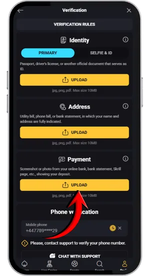 KYC identity verification step in AmonBet requiring document upload for account access