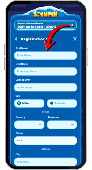 SpinFin profile form requesting date of birth and address for account compliance