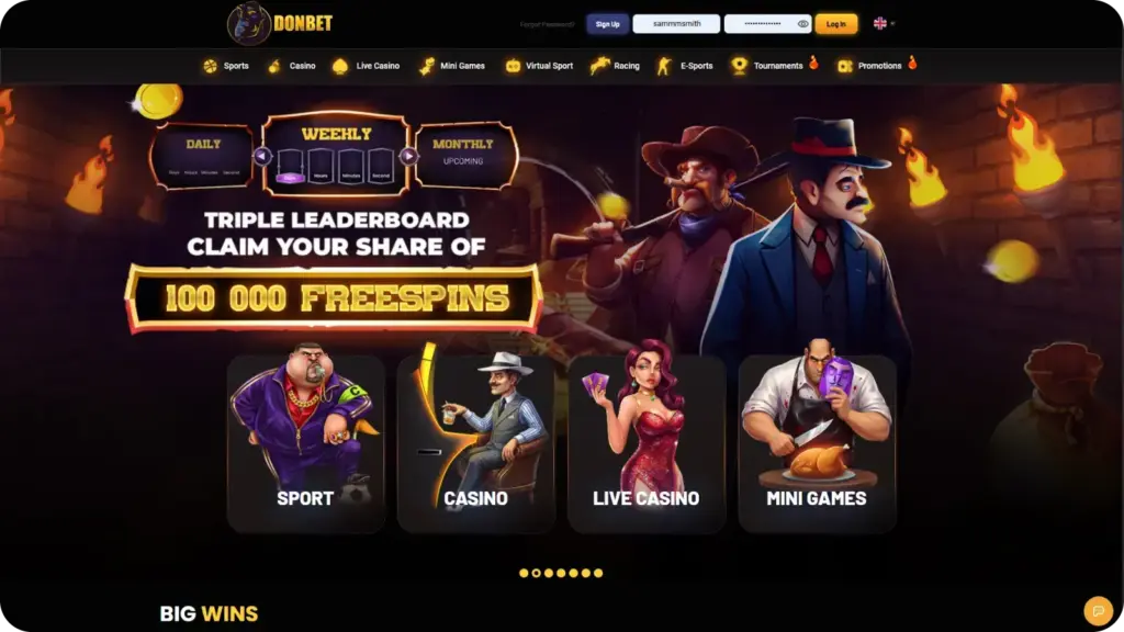 Donbet casino dashboard showing game lobby and withdrawal section for UK players