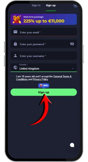 Registration form fields for email, password and country confirmation