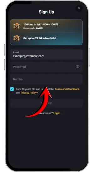 AmonBet registration form with fields for email, mobile number, date of birth and profile data
