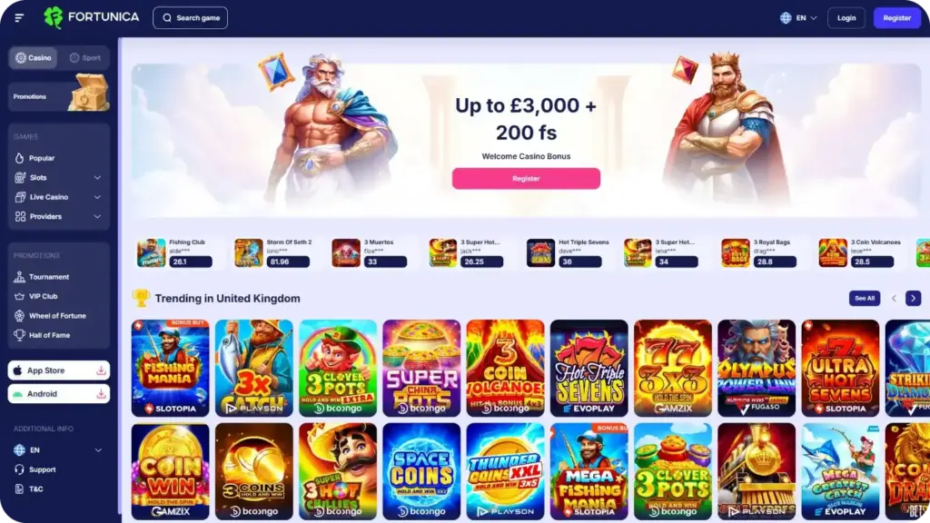 Fortunica casino lobby with slot categories and cashier section for UK players