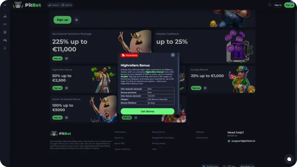 PitBet Casino highrollers bonus terms showing minimum deposit wagering and bonus limits