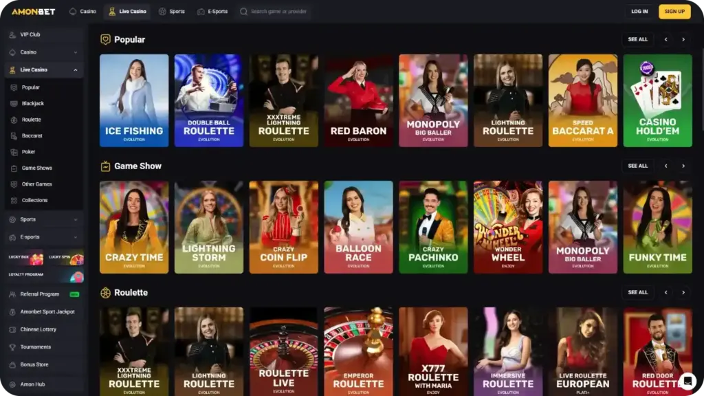 AmonBet live casino lobby showing roulette, baccarat, blackjack, game shows, and live studio titles from Evolution