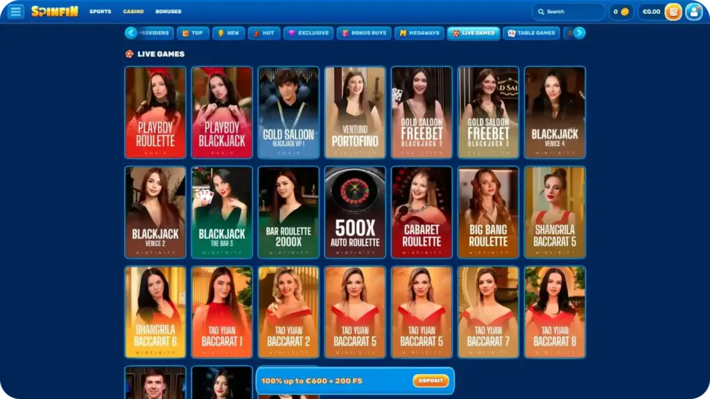 SpinFin Casino live casino lobby showing live blackjack, roulette, and baccarat tables with real dealers