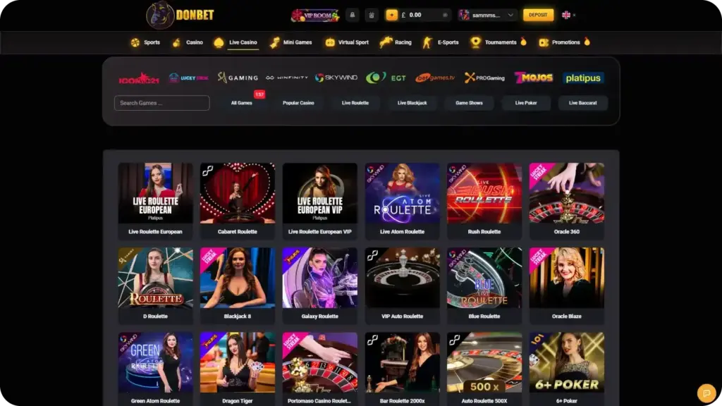 Donbet live casino section showing real dealer tables and interactive game studios