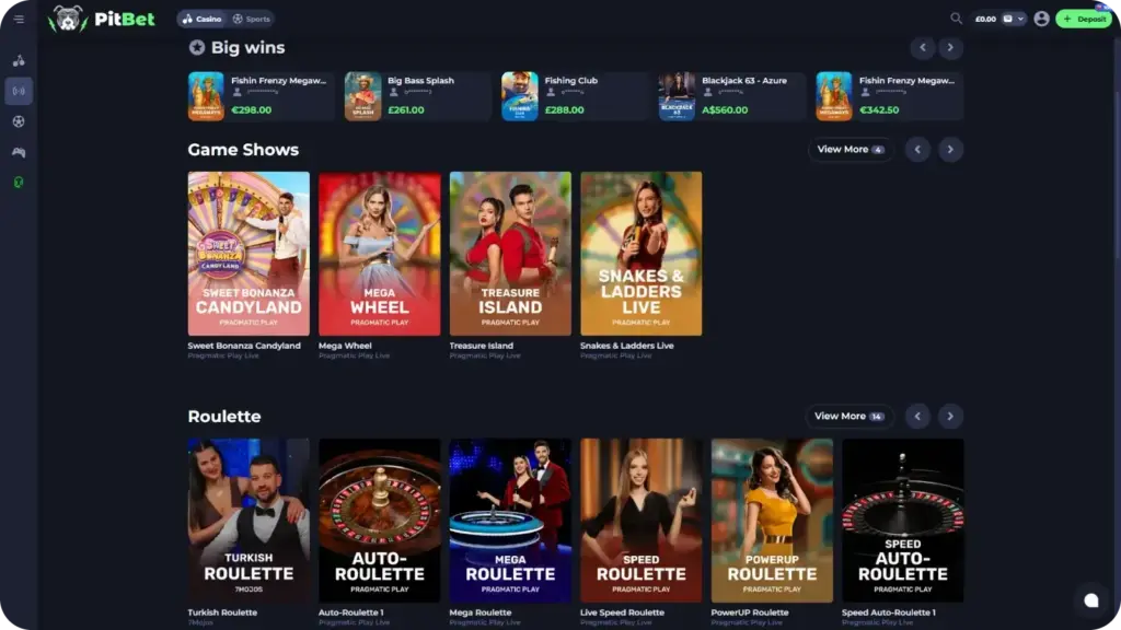 PitBet live casino section showing live roulette blackjack and baccarat tables