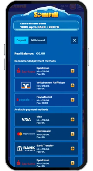 SpinFin cashier screen showing payment methods to fund account and access games