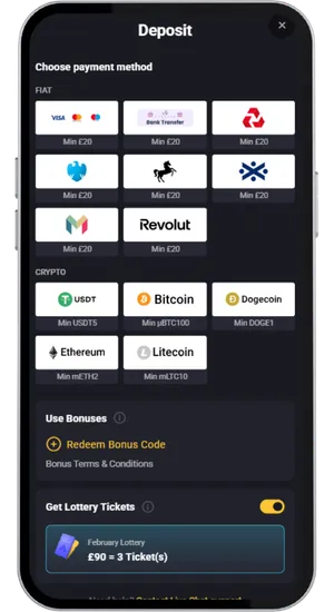 AmonBet cashier screen showing payment methods to fund the account and start playing
