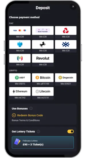 First deposit screen with minimum £10 requirement and payment options