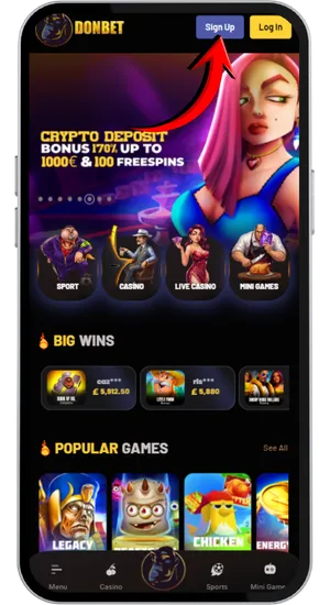 Sign-up button on the casino homepage leading to the account creation page