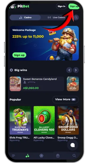 Sign-up button on the casino homepage leading to the account creation page