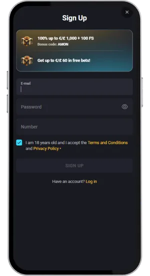 Online casino registration form with email and password fields