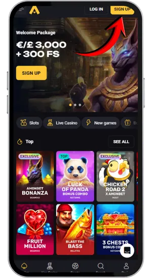 Registration button on the AmonBet homepage to start account creation