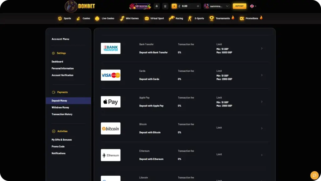 Donbet Casino payment methods showing bank transfer, cards, Apple Pay, and multiple cryptocurrencies with zero transaction fees
