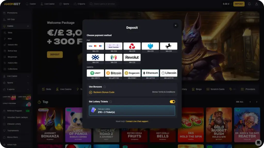 AmonBet cashier page showing fiat and crypto payment methods