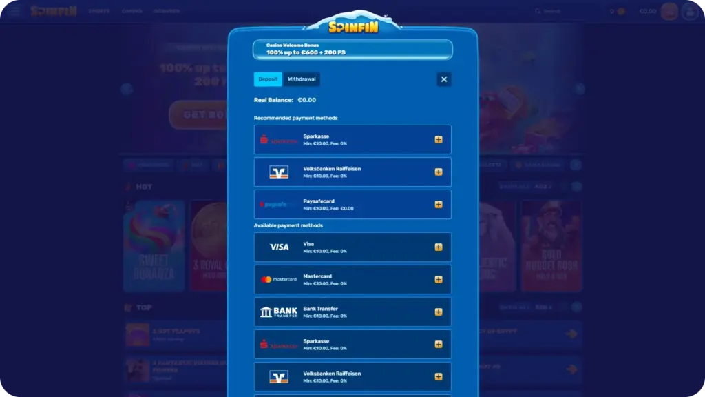 SpinFin Casino payment methods list with deposit limits, fees, and processing speed for UK players