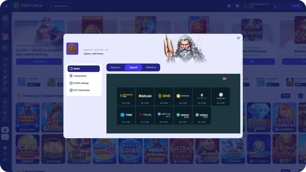 Fortunica payment options including Visa, Mastercard, PayPal and major cryptocurrencies with 10 GBP minimum deposit.