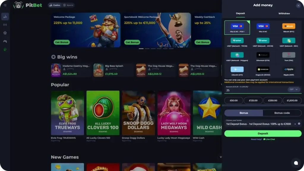 PitBet Casino payment methods with deposit limits showing cards and cryptocurrency options