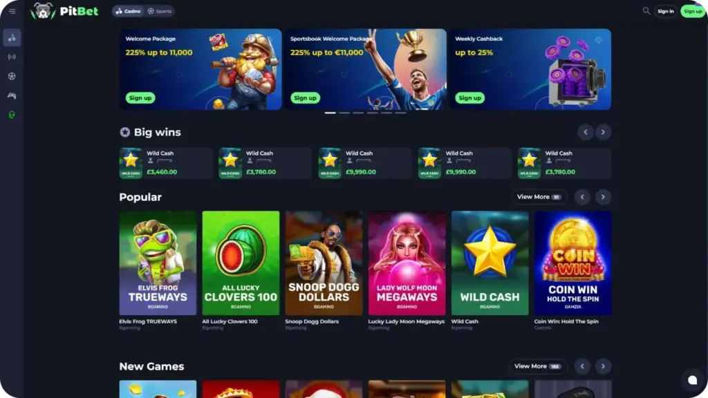 PitBet platform showing casino lobby and sports betting markets for UK players