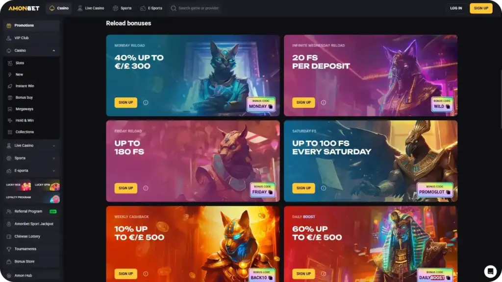 AmonBet promotions page showing Monday Reload 40 percent up to 300
