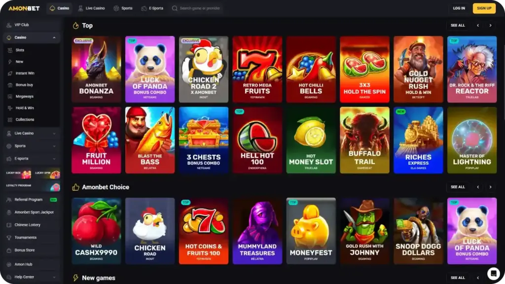 AmonBet slots lobby showing a grid of slot titles from multiple providers