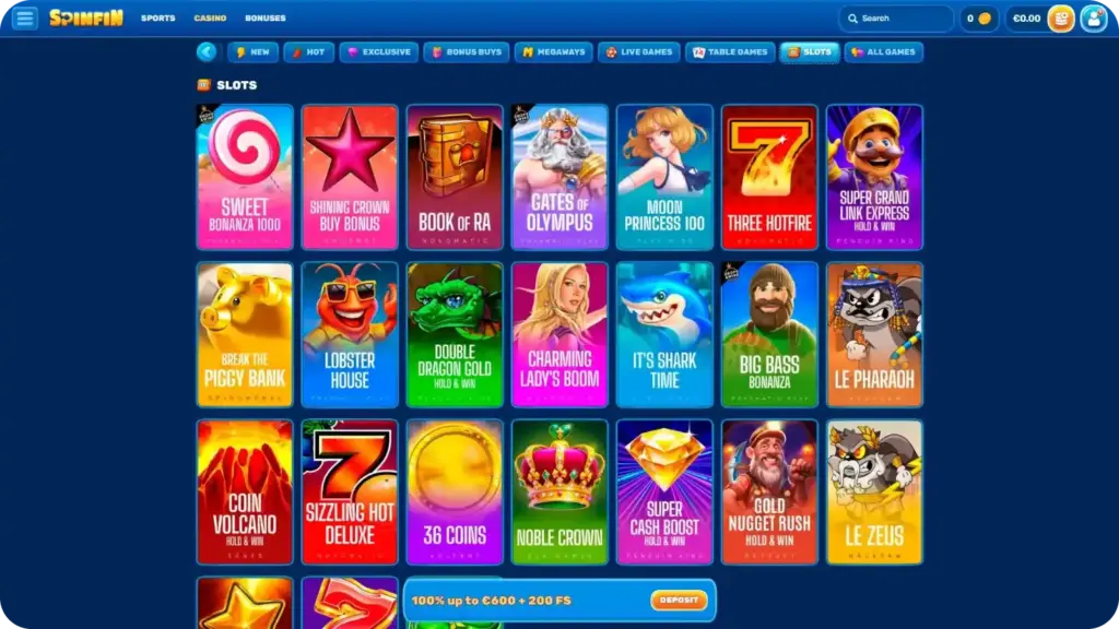 SpinFin Casino slots lobby showing popular titles such as Gates of Olympus, Book of Ra, and Big Bass Bonanza