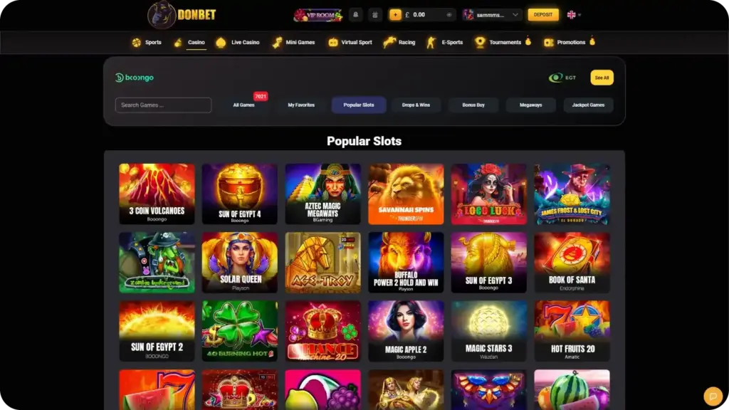 Donbet Casino slots lobby showing popular slot games from multiple providers
