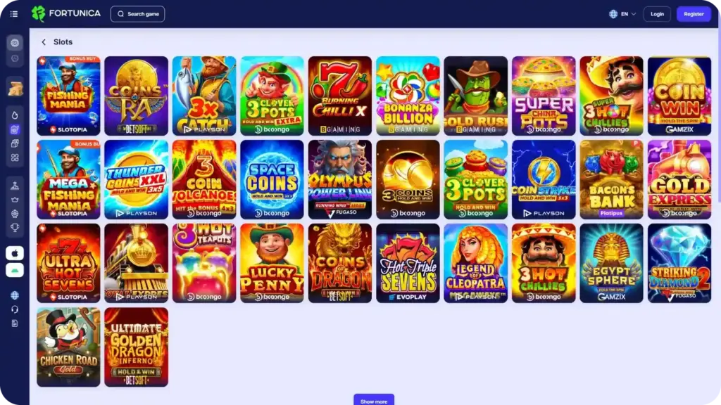 Fortunica slots lobby showing popular video slots and hold and win games.