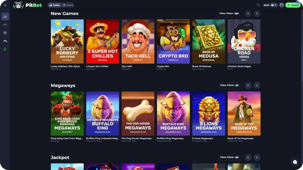 PitBet Casino slots library showing popular Megaways and jackpot slot games