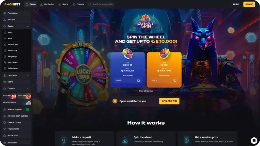 AmonBet Lucky Spin promotion showing SILVER reward card with task £30 to £99 and prize up to £5,000