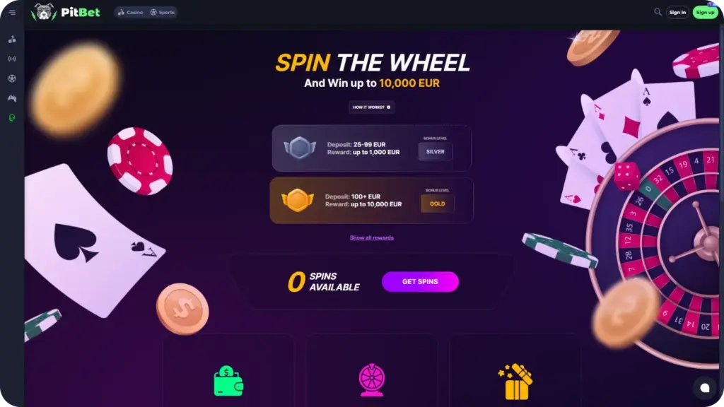 Spin The Wheel prize table at PitBet Casino showing silver and gold reward tiers for UK players
