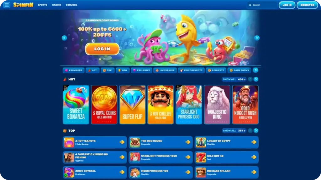 Spinfin casino interface showing games and bonus section for UK players