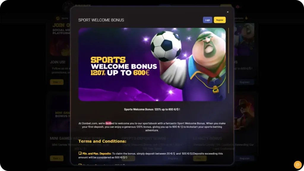 Donbet sports welcome bonus page showing available sports betting categories for UK players